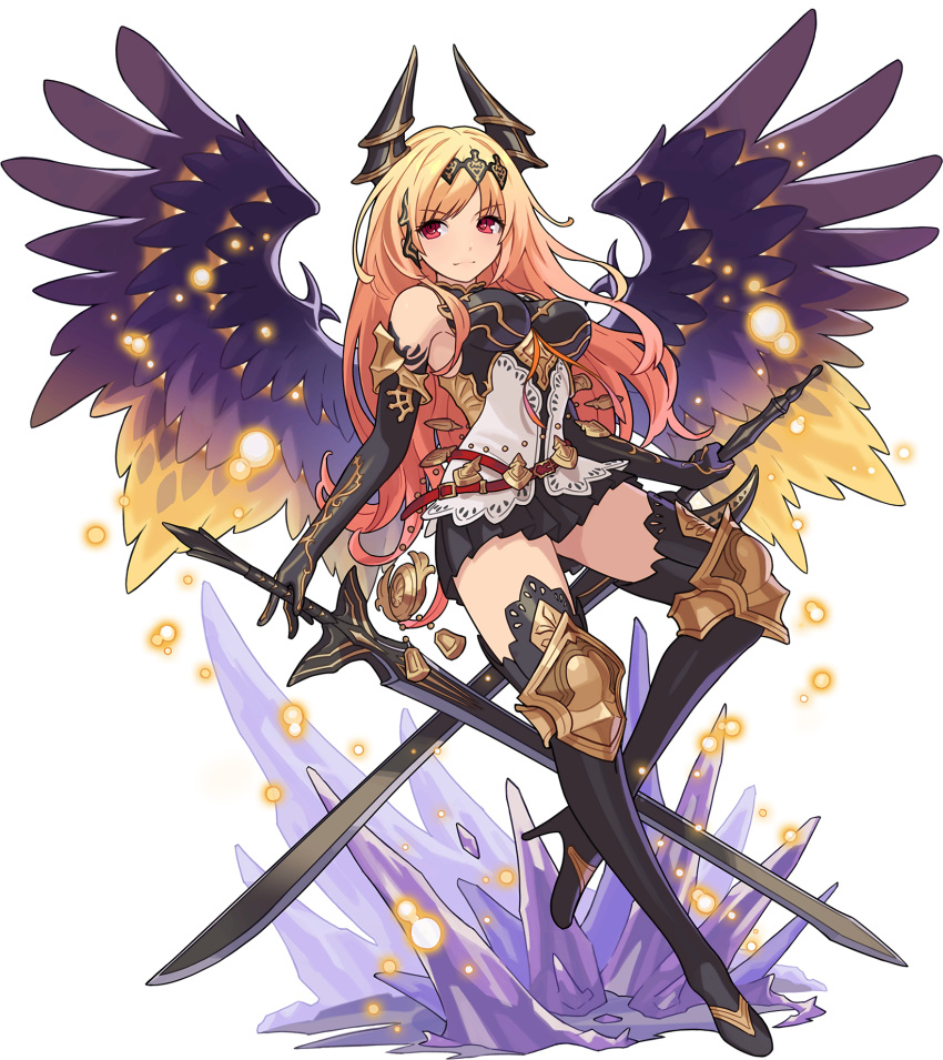 1girl armor artist_request bangs bare_shoulders belt black_footwear black_gloves black_hairband black_legwear black_shirt black_skirt blonde_hair blush boots breasts closed_mouth crystal dark_angel_olivia dual_wielding elbow_gloves eyebrows_visible_through_hair feathered_wings full_body gloves gradient_hair granblue_fantasy hairband highres holding holding_sword holding_weapon horns knee_pads leg_up light_blush light_particles long_hair looking_to_the_side medium_breasts miniskirt multicolored_hair non-web_source official_art orange_hair pleated_skirt purple_wings red_eyes shirt sidelocks skirt sleeveless sleeveless_shirt solo standing standing_on_one_leg sword thigh-highs thigh_boots transparent_background two-tone_hair v-shaped_eyebrows very_long_hair weapon wings world_flipper zettai_ryouiki