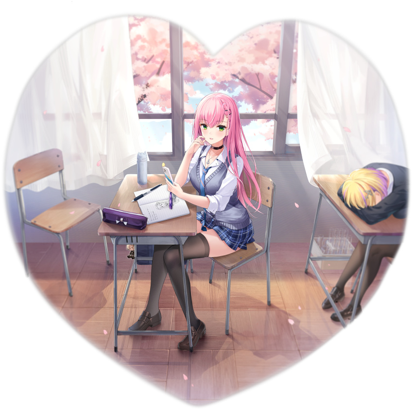 2girls azur_lane black_legwear blue_neckwear chair character_doll choker classroom desk green_eyes hair_ornament hairclip highres holding holding_phone indoors jewelry loafers looking_at_viewer marblehead_(azur_lane) memphis_(a_breath_of_fresh_air)_(azur_lane) memphis_(azur_lane) multiple_girls necklace necktie official_alternate_costume official_art pencil_case phone pink_hair pleated_skirt school_chair school_desk school_uniform sheffield_(azur_lane) shirt shoes silveroid sitting skirt sleeves_rolled_up sweater_vest thigh-highs transparent_background white_shirt