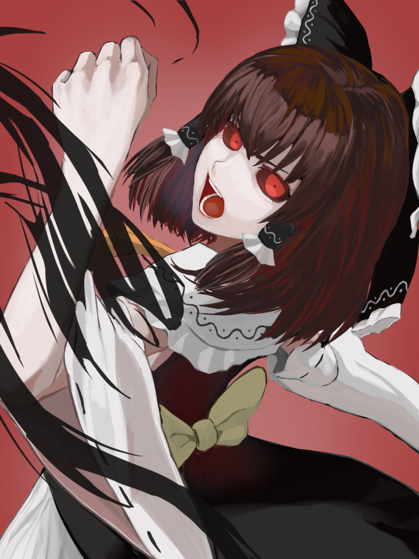 1girl bangs black_bow black_dress black_sclera bow brown_hair clenched_hand colored_sclera commentary_request cookie_(touhou) cowboy_shot detached_sleeves dress gradient_dress hair_bow hakurei_reimu highres johnnyyyyy kanna_(cookie) looking_at_viewer medium_hair open_mouth red_background red_dress red_eyes simple_background solo touhou two-tone_dress white_sleeves yellow_bow