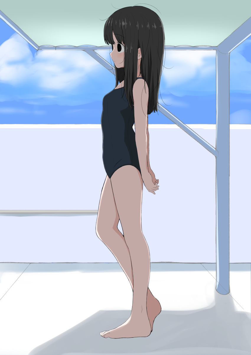 1girl absurdres arms_behind_back barefoot bishoujo_rikishi black_eyes black_hair black_swimsuit commentary_request empty_eyes feet from_side full_body hands_together highres legs long_hair one-piece_swimsuit original outdoors school_swimsuit solo swimsuit thighs toes