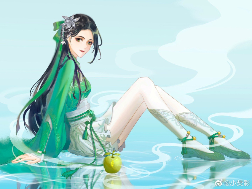 1girl apple black_hair dress fog food fruit green_dress hair_ornament high_heels long_hair sitting smoke water weibo_id weibo_logo xian_jian_qi_xia_zhuan xian_jian_qi_xia_zhuan_7 xiao_fen_ying yue_qingshu_(xian_jian_qi_xia_zhuan_7)