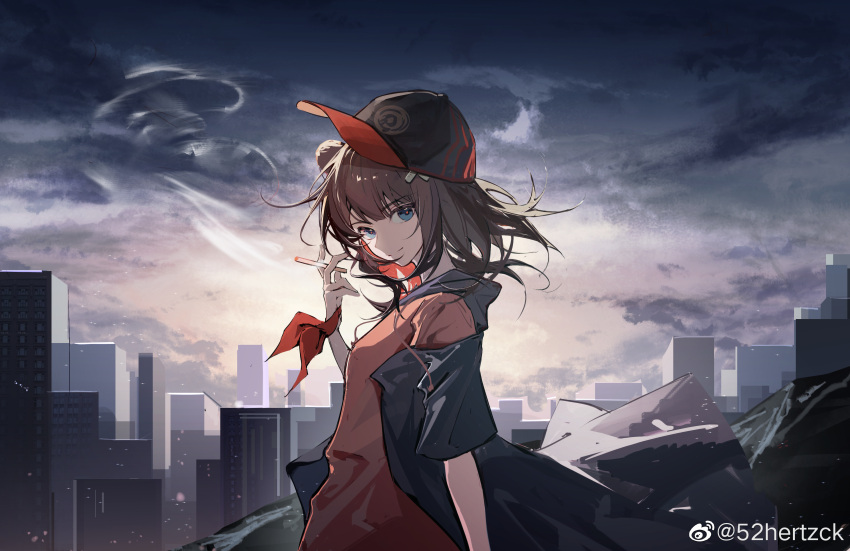 52hertz absurdres animal_ears arknights baseball_cap bear_ears black_hair black_jacket blue_eyes brown_hair chinese_commentary cigarette cityscape clouds cloudy_sky from_side hair_ornament hat highres holding holding_cigarette jacket looking_at_viewer medium_hair official_alternate_costume outdoors red_shirt shirt sky smile smoke smoking upper_body weibo_username x_hair_ornament zima_(arknights) zima_(ursusio79)_(arknights)