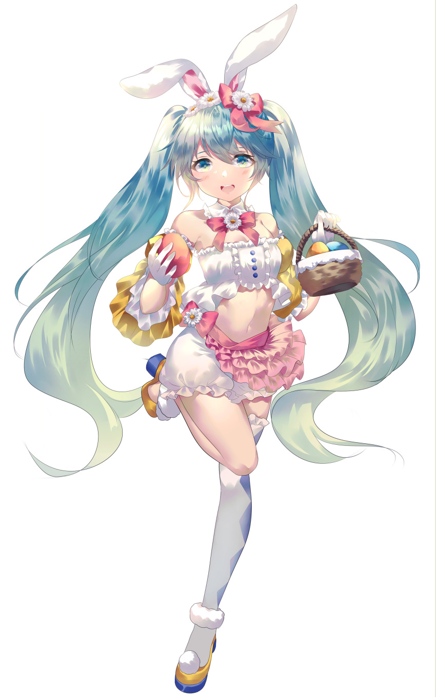 1girl absurdres animal_ears aqua_eyes aqua_hair argyle argyle_legwear asymmetrical_legwear bare_shoulders basket bloomers commentary cosplay cowboy_shot crop_top daisy easter_bunny easter_bunny_(cosplay) egg flower frilled_skirt frills full_body fur-trimmed_footwear gloves hair_flower hair_ornament hatsune_miku high_heels highres holding holding_basket holding_egg leg_up light_blush long_hair looking_at_viewer midriff miniskirt navel open_mouth pink_skirt rabbit_ears rhea_(0u0) rose single_thighhigh skirt smile solo standing stomach symbol_commentary thigh-highs twintails underwear very_long_hair vocaloid white_background white_flower white_gloves white_legwear