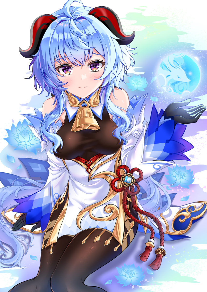 1girl ahoge bangs bare_shoulders bell black_gloves blue_hair blush bodysuit breasts chinese_clothes closed_mouth crossed_bangs detached_sleeves eyebrows_visible_through_hair flower ganyu_(genshin_impact) genshin_impact gloves goat_horns highres horns large_breasts long_hair long_sleeves looking_at_viewer sitting smile solo violet_eyes yuito_(yuitokobunasbs0)