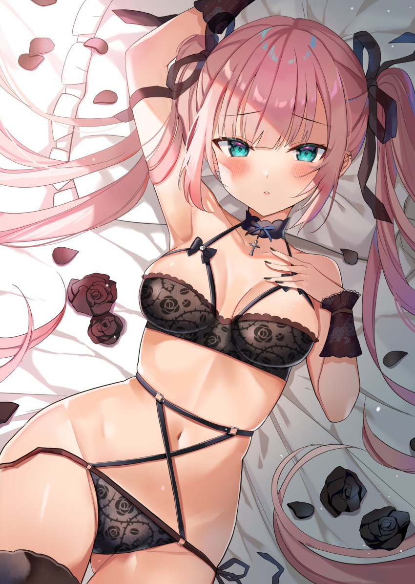 1girl arm_up armpits ass_visible_through_thighs bare_shoulders bed_sheet black_bra black_choker black_flower black_panties blue_eyes bra breasts choker flower frown groin hair_ribbon halterneck hand_up highres lingerie long_hair looking_at_viewer lying medium_breasts navel on_back on_bed original panties parted_lips petals pink_hair ribbon rose satoupote side-tie_panties solo spaghetti_strap stomach thighs twintails underwear underwear_only untied untied_panties very_long_hair wrist_cuffs