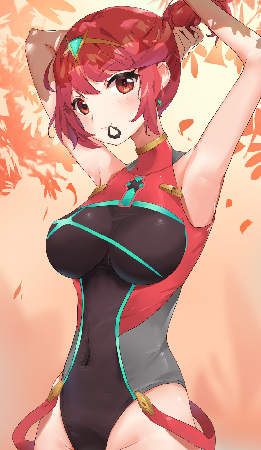 1girl absurdres bangs black_swimsuit breasts chest_jewel competition_swimsuit covered_collarbone gem headpiece highres kiiro_kimi large_breasts one-piece_swimsuit pyra_(pro_swimmer)_(xenoblade) pyra_(xenoblade) red_swimsuit redhead swept_bangs swimsuit tiara two-tone_swimsuit xenoblade_chronicles_(series) xenoblade_chronicles_2