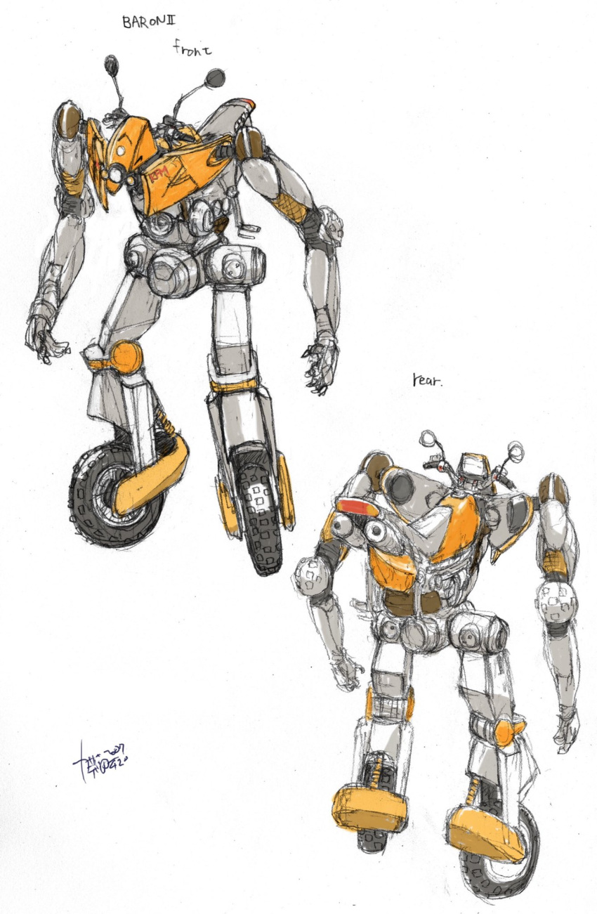 character_sheet from_above highres kasahara_tetsurou mecha multiple_views no_humans official_art open_hands rideback science_fiction standing wheel white_background