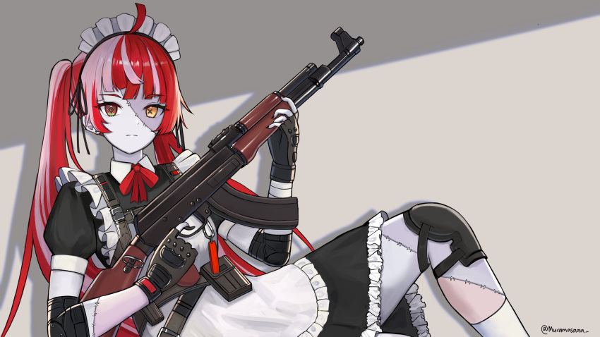 1girl absurdres ahoge ak-47 alternate_costume alternate_hairstyle apron assault_rifle bangs black_dress dress enmaided gun heterochromia highres holding holding_gun holding_weapon hololive hololive_indonesia knee_pads kureiji_ollie looking_at_viewer maid maid_apron maid_headdress multicolored_hair muramasa_dash pink_hair red_eyes redhead rifle sitting solo stitched_face stitches two-tone_hair virtual_youtuber weapon yellow_eyes zombie