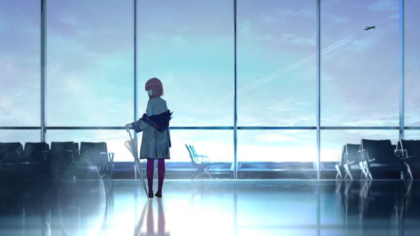 1girl aircraft airplane airport closed_umbrella clothes_down commentary_request condensation_trail expressionless full_body highres hood hooded_jacket indoors jacket kaf_(kamitsubaki_studio) kamitsubaki_studio looking_at_viewer looking_back pink_hair profile reflection reflective_floor shirt sky solo sun_1200 transparent transparent_umbrella umbrella virtual_youtuber white_shirt window