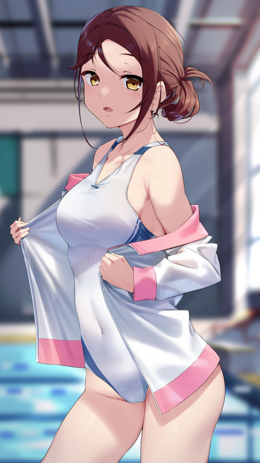 1girl absurdres bare_shoulders blurry blurry_background breasts collarbone competition_swimsuit covered_navel cowboy_shot facing_to_the_side groin hair_up highres jacket large_breasts long_hair long_sleeves looking_at_viewer love_live! love_live!_sunshine!! off_shoulder one-piece_swimsuit open_mouth pool redhead sakurauchi_riko solo swimsuit white_jacket white_swimsuit yamaori_(yamaorimon) yellow_eyes