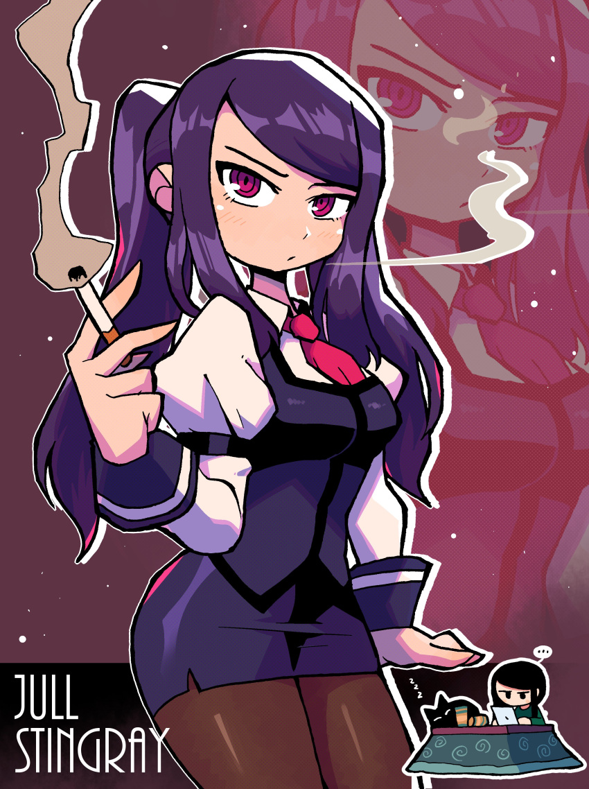 absurdres bartender black_cat cat cigarette dot_mouth furrowed_brow highres jill_stingray kotatsu leggings looking_at_viewer miniskirt necktie purple_hair purple_skirt purple_vest rariatto_(ganguri) red_eyes red_neckwear shirt skirt smoke table twintails va-11_hall-a vest white_shirt