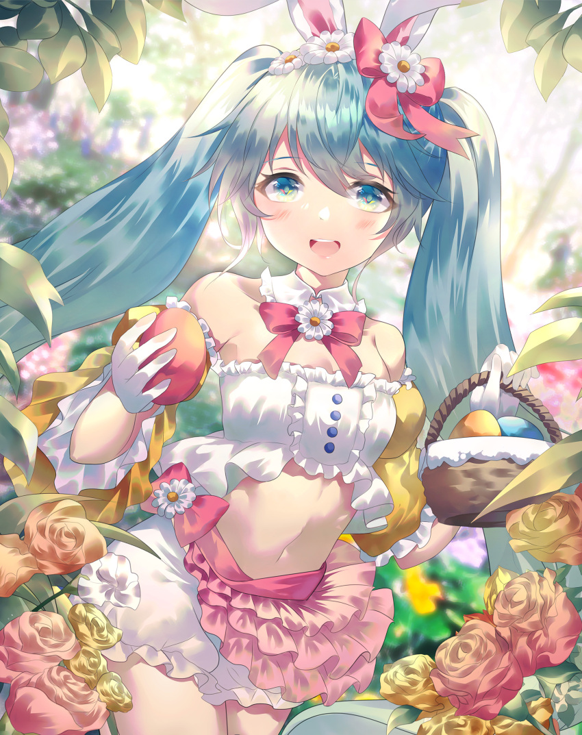 1girl absurdres animal_ears aqua_eyes aqua_hair bare_shoulders basket bloomers blurry blurry_background commentary cosplay cowboy_shot crop_top daisy easter_bunny easter_bunny_(cosplay) egg flower frilled_skirt frills gloves hair_flower hair_ornament hatsune_miku highres holding holding_basket holding_egg light_blush long_hair looking_at_viewer midriff miniskirt navel open_mouth pink_flower pink_skirt rabbit_ears rhea_(0u0) rose skirt smile solo stomach symbol_commentary twintails underwear very_long_hair vocaloid white_flower white_gloves yellow_flower
