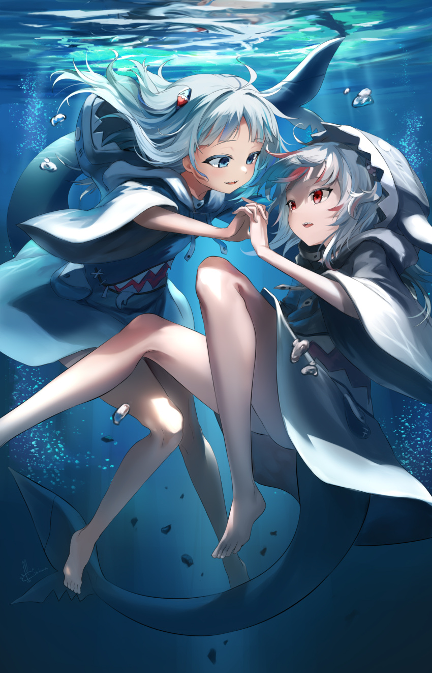 2girls absurdres animal_hood bangs bare_legs barefoot blue_eyes blue_hair blue_hoodie bubble commentary dual_persona eyebrows_visible_through_hair fish_tail foot_out_of_frame full_body gawr_gura hair_ornament highres holding_hands hololive hololive_english hood hood_down hood_up hoodie kito_koruta long_hair long_sleeves looking_at_another multicolored_hair multiple_girls open_mouth red_eyes redhead shark_hair_ornament shark_hood shark_tail sharp_teeth signature streaked_hair tail teeth two_side_up underwater upper_teeth virtual_youtuber white_hair wide_sleeves