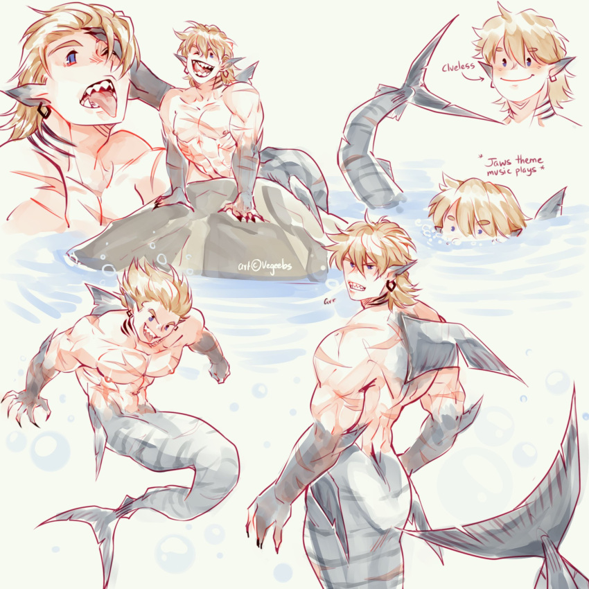 1boy abs addy_(@vegeebs) blush boku_no_hero_academia collage completely_nude earrings fangs fins fish_boy highres jewelry male_focus medium_hair messy_hair monster_boy monsterification multiple_views muscular muscular_male nipples nude one_eye_closed pectorals pointy_ears protected_link rock scar scar_on_arm scar_on_chest scar_on_stomach shark_boy shark_fin sharp_teeth smile stomach swimming teeth togata_mirio tongue tongue_out wet