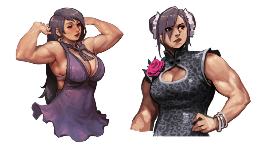 arms_up biceps bra bra_strap bracelet china_dress chinese_clothes cleavage_cutout clothing_cutout corsage covered_navel double_bun dress dual_persona final_fantasy final_fantasy_vii final_fantasy_vii_remake hand_on_hip highres jewelry muscular muscular_female official_alternate_costume purple_dress rayluaza simple_background sleeveless sleeveless_dress tifa_lockhart underwear upper_body
