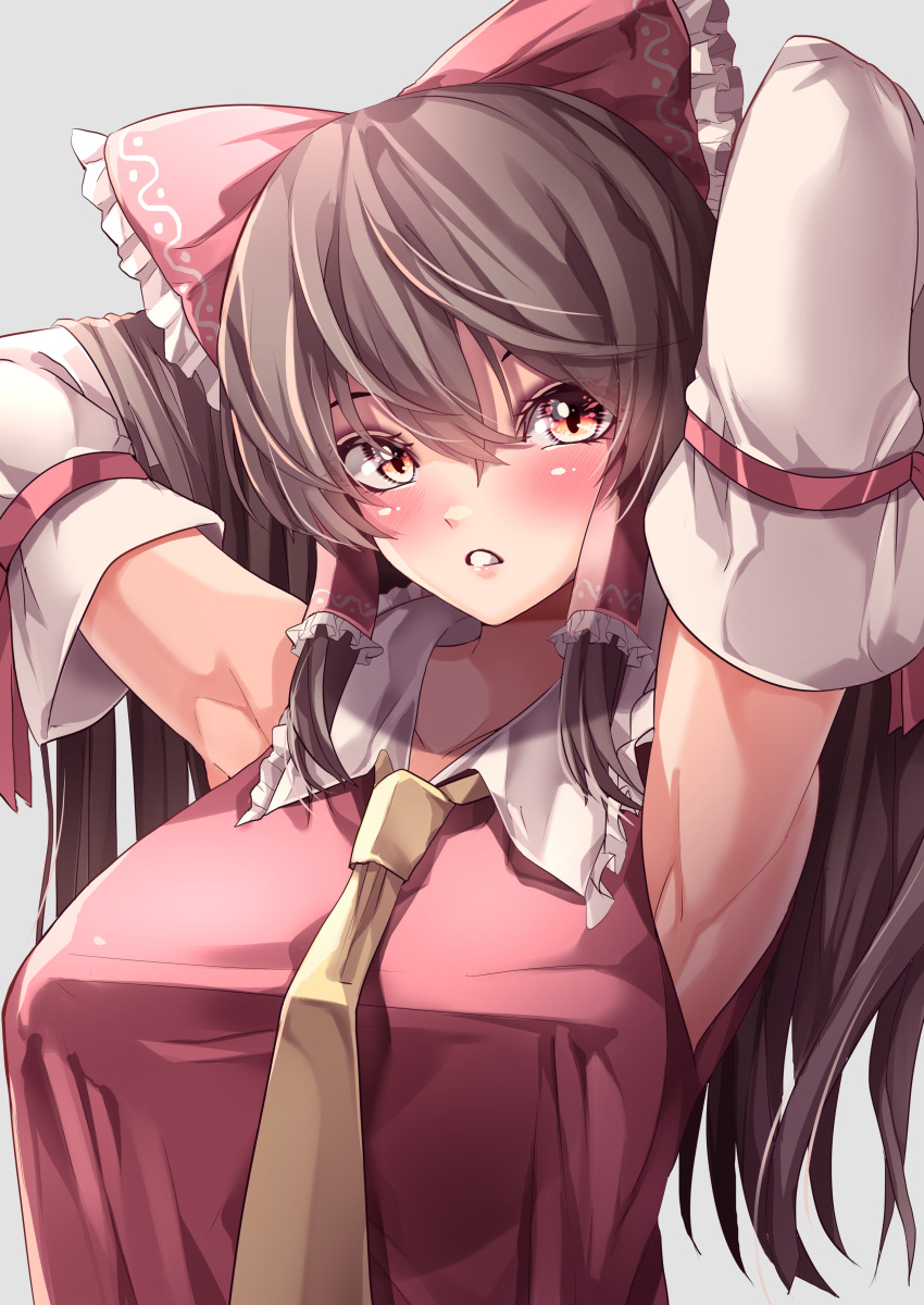 1girl absurdres armpits arms_up bangs bare_shoulders bow breasts brown_hair collar detached_sleeves dress grey_background hair_between_eyes hair_tubes hakurei_reimu hands_up highres long_hair long_sleeves looking_at_viewer maboroshi_mochi medium_breasts orange_eyes red_bow red_dress simple_background slo teeth touhou white_collar white_sleeves yellow_neckwear