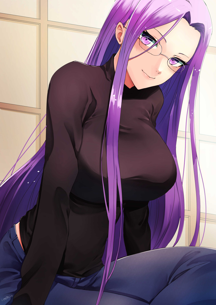 1girl absurdres black_sweater blue_pants breasts denim fate/hollow_ataraxia fate_(series) glasses highres jeans large_breasts long_hair long_sleeves looking_at_viewer medusa_(fate) medusa_(rider)_(fate) memero_7272 pants purple_hair sitting smile solo sweater very_long_hair violet_eyes