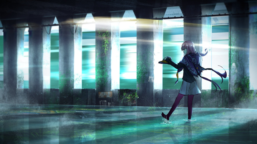 1girl abandoned capelet commentary_request dress foliage footwear_removed full_body highres hood hood_down hooded_capelet kaf_(kamitsubaki_studio) kamitsubaki_studio light_trail overgrown pantyhose pillar pink_hair profile ruins scenery solo sun_1200 virtual_youtuber wading water