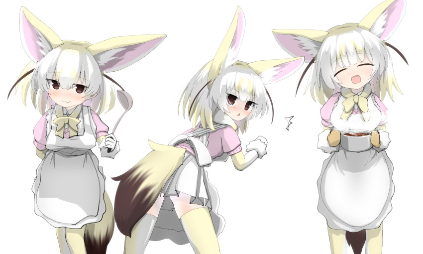 1girl :3 animal_ears apron blonde_hair blush bow bowtie commentary_request cowboy_shot elbow_gloves embarrassed extra_ears fennec_(kemono_friends) fox_ears fox_girl fox_tail gloves gradient gradient_legwear highres karekusa_meronu kemono_friends ladle leaning_in looking_at_viewer multicolored_hair multiple_views nose_blush oven_mitts pink_sweater pleated_skirt pot puffy_short_sleeves puffy_sleeves short_hair short_sleeves skirt solo sweater tail thigh-highs triangle_mouth two-tone_gloves two-tone_hair two-tone_legwear white_apron white_gloves white_hair white_legwear white_skirt yellow_gloves yellow_legwear yellow_neckwear zettai_ryouiki