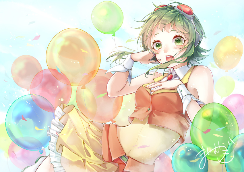 1girl absurdres balloon belt blue_sky breasts brooch commentary crop_top frilled_skirt frills goggles goggles_on_head green_eyes green_hair gumi hand_on_headphones hand_on_own_chest headphones headset highres jewelry layered_skirt leaning_to_the_side light_blush mai_mugi medium_breasts open_mouth orange_skirt orange_vest outdoors red_goggles short_hair_with_long_locks sidelocks signature skirt sky solo upper_body vest vocaloid wrist_cuffs yellow_skirt