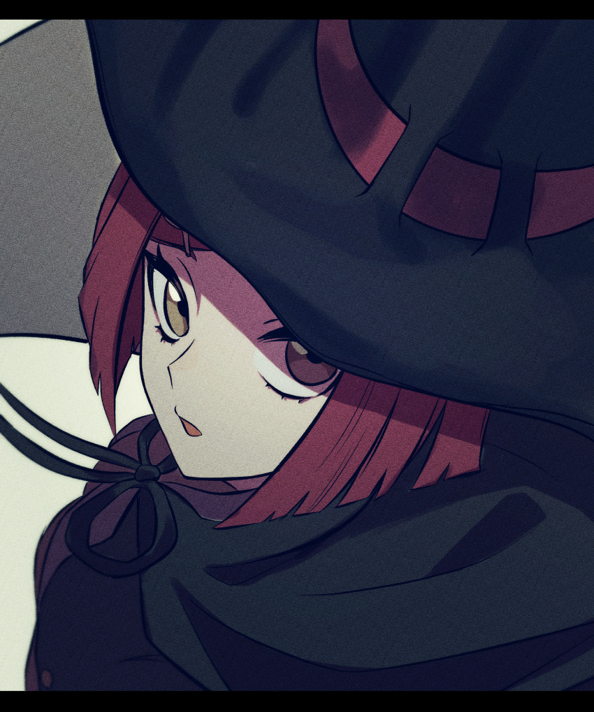 1girl absurdres black_headwear black_ribbon blush brown_eyes commentary_request dangan_ronpa_(series) dangan_ronpa_v3:_killing_harmony from_side grey_background hair_ornament hat highres letterboxed looking_at_viewer nyu_(bbpp08) open_mouth portrait redhead ribbon short_hair simple_background solo witch_hat yumeno_himiko