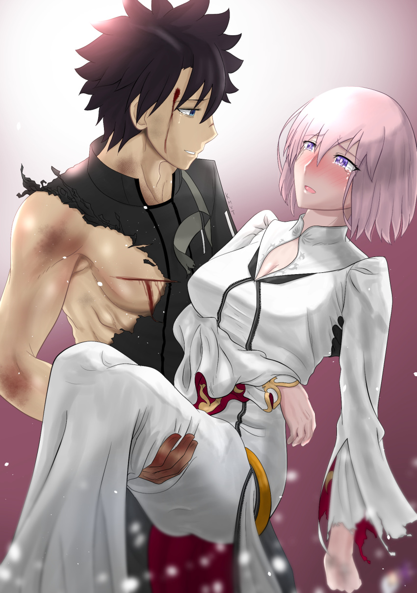 1boy 1girl alternate_costume black_gloves black_hair black_shirt blood blood_on_face blue_eyes blush breasts carrying commentary_request crying crying_with_eyes_open dress eyebrows_visible_through_hair fate/grand_order fate_(series) fujimaru_ritsuka_(male) gloves highres kmvt large_breasts long_dress looking_at_another mash_kyrielight official_alternate_costume open_mouth pink_hair pointy_hair polar_chaldea_uniform princess_carry shirt short_hair signature smile tears teeth torn_clothes torn_shirt violet_eyes white_dress