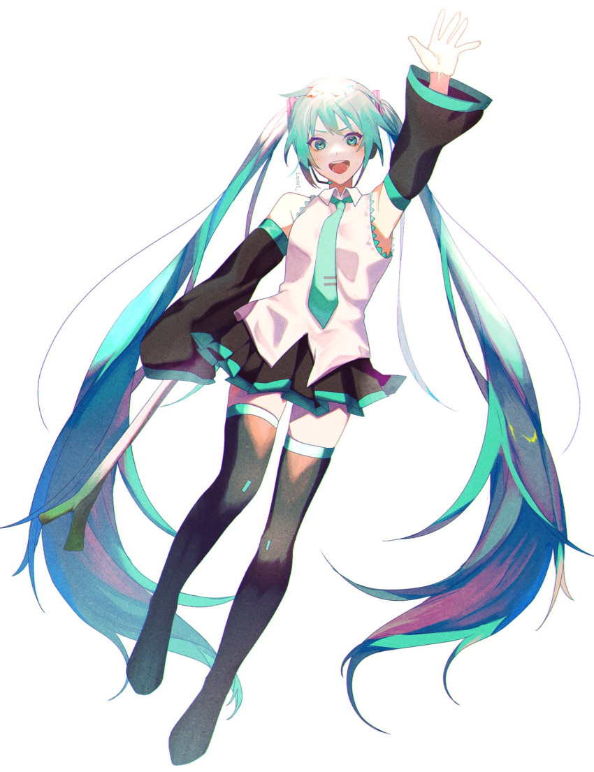 1girl aqua_eyes aqua_hair aqua_neckwear arm_up bare_shoulders black_legwear black_skirt black_sleeves boots commentary detached_sleeves film_grain food full_body hair_ornament hatsune_miku headphones headset highres holding holding_food holding_spring_onion holding_vegetable lexwl long_hair miniskirt necktie open_mouth outstretched_arm pleated_skirt shirt skindentation skirt sleeveless sleeveless_shirt sleeves_past_fingers sleeves_past_wrists smile solo spring_onion thigh-highs thigh_boots twintails twitter_username v-shaped_eyebrows vegetable very_long_hair vocaloid white_background white_shirt zettai_ryouiki