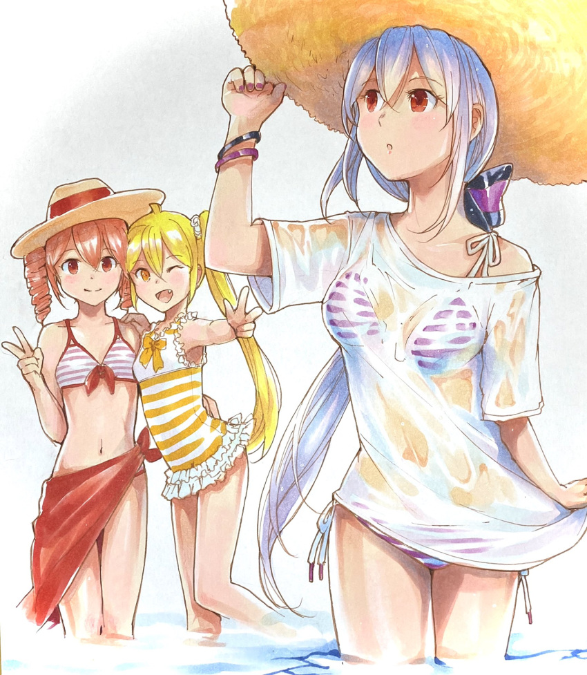 3girls :o akita_neru bikini boater_hat bow bracelet collarbone commentary cowboy_shot drill_hair fang frilled_swimsuit frills hair_bow hair_ornament hair_scrunchie hand_up hat highres jewelry kasane_teto large_hat long_hair mayo_riyo midriff multiple_girls navel one-piece_swimsuit one_eye_closed open_mouth outstretched_arm purple_bikini red_bikini red_eyes redhead scrunchie see-through_shirt shirt short_hair side_ponytail skirt_hold smile stomach straw_hat striped striped_bikini sun_hat swimsuit twin_drills utau v very_long_hair vocaloid voyakiloid w wading wet wet_clothes wet_shirt white_hair yellow_eyes yellow_swimsuit yowane_haku