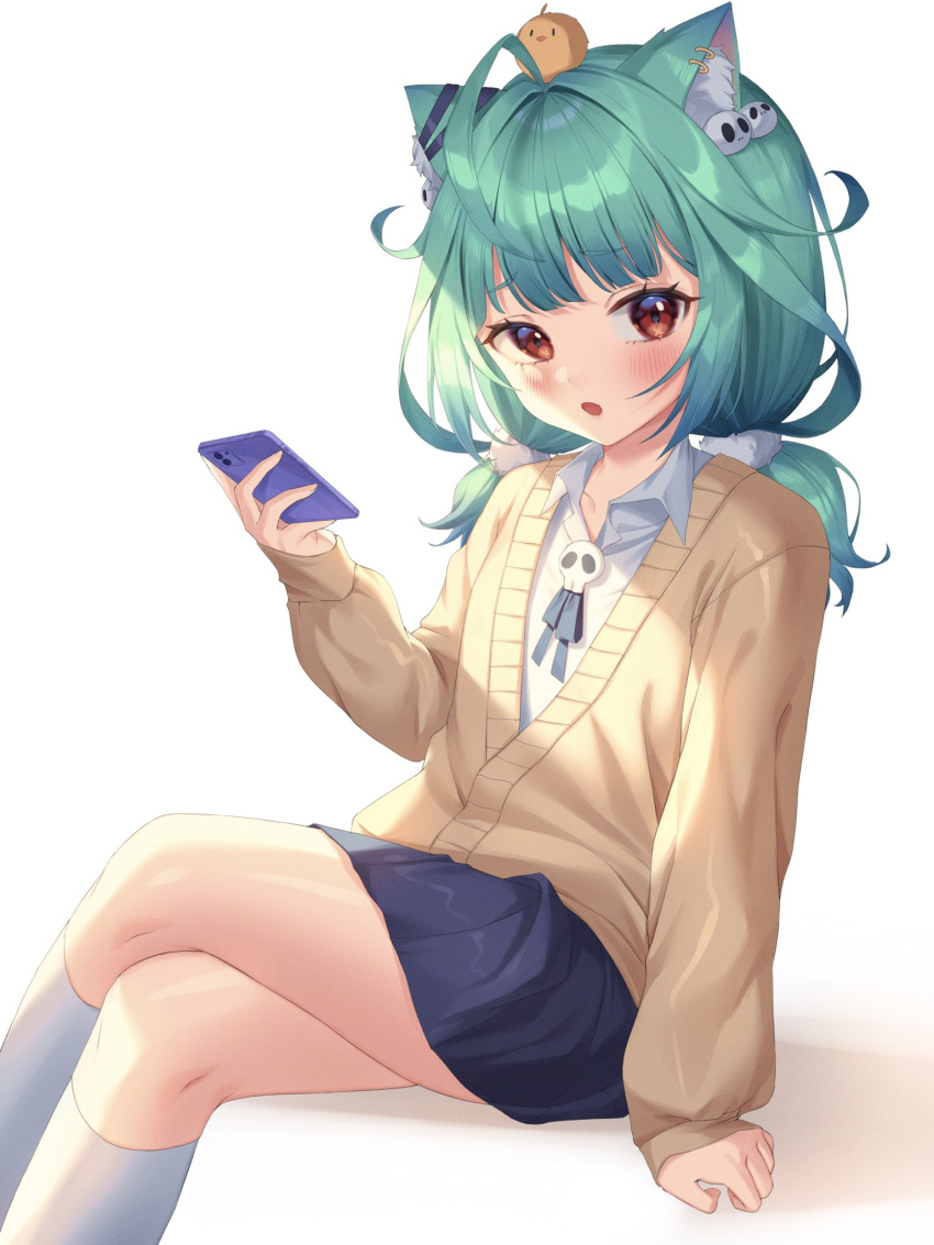 1girl :o ahoge alternate_costume animal_ears bangs blue_skirt blush cellphone collared_shirt commentary_request crossed_legs eyebrows_visible_through_hair feet_out_of_frame green_hair hair_ornament hand_up highres holding holding_phone hololive kneehighs long_sleeves looking_at_viewer low_twintails open_mouth phone pleated_skirt red_eyes shiny shiny_hair shirt sitting skirt skull_ornament sleeves_past_wrists solo twintails uruha_rushia virtual_youtuber white_background white_legwear xiho_(suna)
