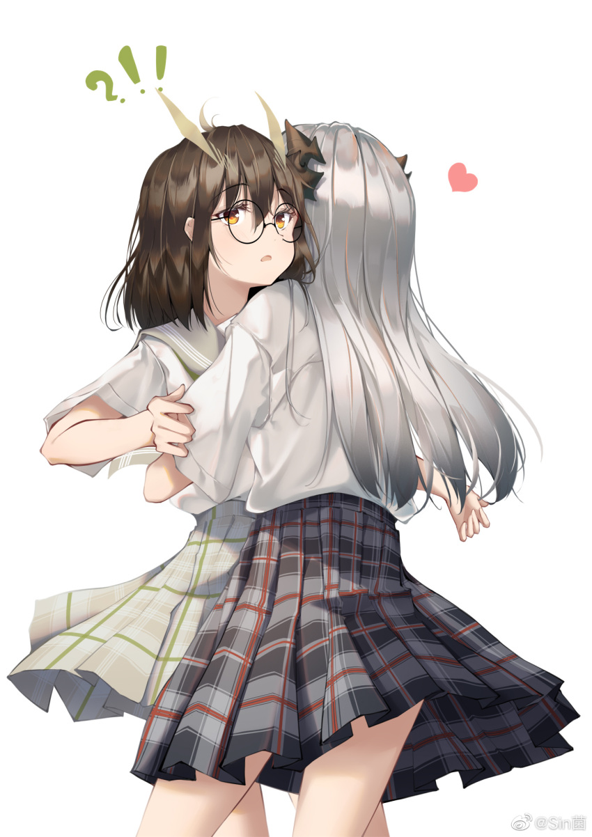 !? 2girls alternate_costume arknights black_skirt brown_hair chinese_commentary commentary cowboy_shot dragon_horns feather_hair glasses grey_skirt heart highres horns hug long_hair multiple_girls open_mouth plaid plaid_skirt pleated_skirt saria_(arknights) school_uniform shirt silence_(arknights) simple_background sin. skirt surprised weibo_username white_background white_shirt yellow_eyes younger yuri