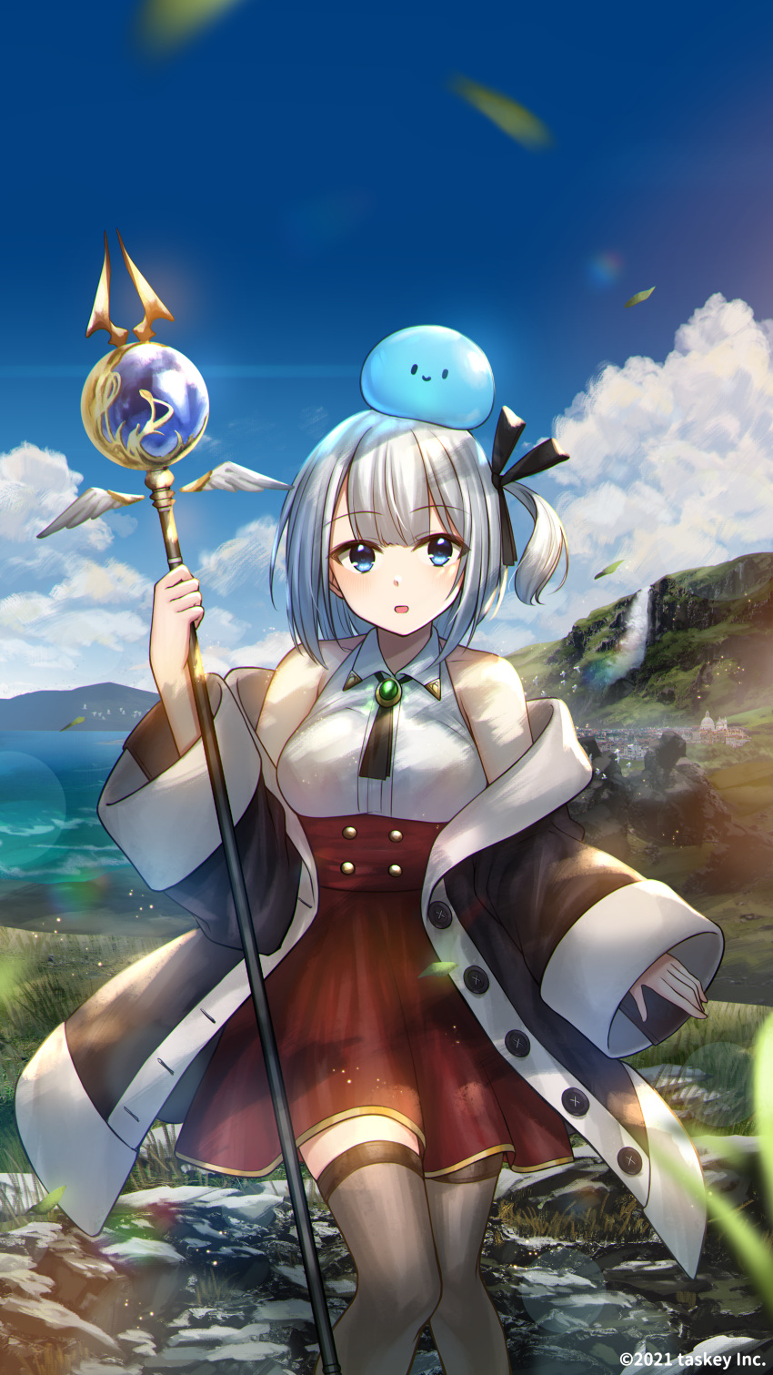 1girl absurdres akky_(akimi1127) bangs bare_shoulders black_bow black_jacket blue_eyes blue_sky bow breasts brown_legwear clouds collared_shirt commentary_request day eyebrows_visible_through_hair feet_out_of_frame grey_hair hair_bow hand_up highres holding holding_staff jacket off_shoulder on_head one_side_up open_clothes open_jacket orb original outdoors parted_lips red_skirt shirt skirt sky sleeveless sleeveless_shirt slime_(creature) small_breasts solo staff standing thigh-highs white_shirt