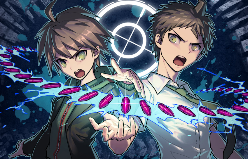 2boys :d ahoge bangs black_background brown_eyes brown_hair brown_jacket bullet butcher_shop collared_shirt dangan_ronpa:_trigger_happy_havoc dangan_ronpa_(series) dangan_ronpa_2:_goodbye_despair floating floating_necktie floating_object green_background green_eyes green_jacket green_neckwear hinata_hajime jacket long_sleeves looking_at_viewer male_focus multiple_boys naegi_makoto necktie open_clothes open_jacket open_mouth shiny shiny_hair shirt short_hair short_sleeves smile upper_body upper_teeth