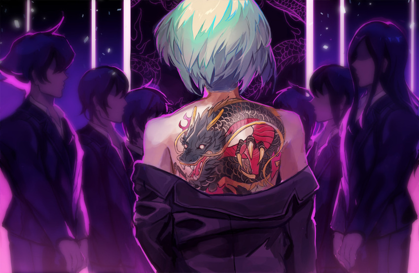 6+boys bangs bare_shoulders dragon_tattoo formal from_behind gunmetalrose highres jacket lio_fotia long_hair long_sleeves multiple_boys off_shoulder promare purple_jacket shiny shiny_hair short_hair solo_focus standing tattoo upper_body v_arms