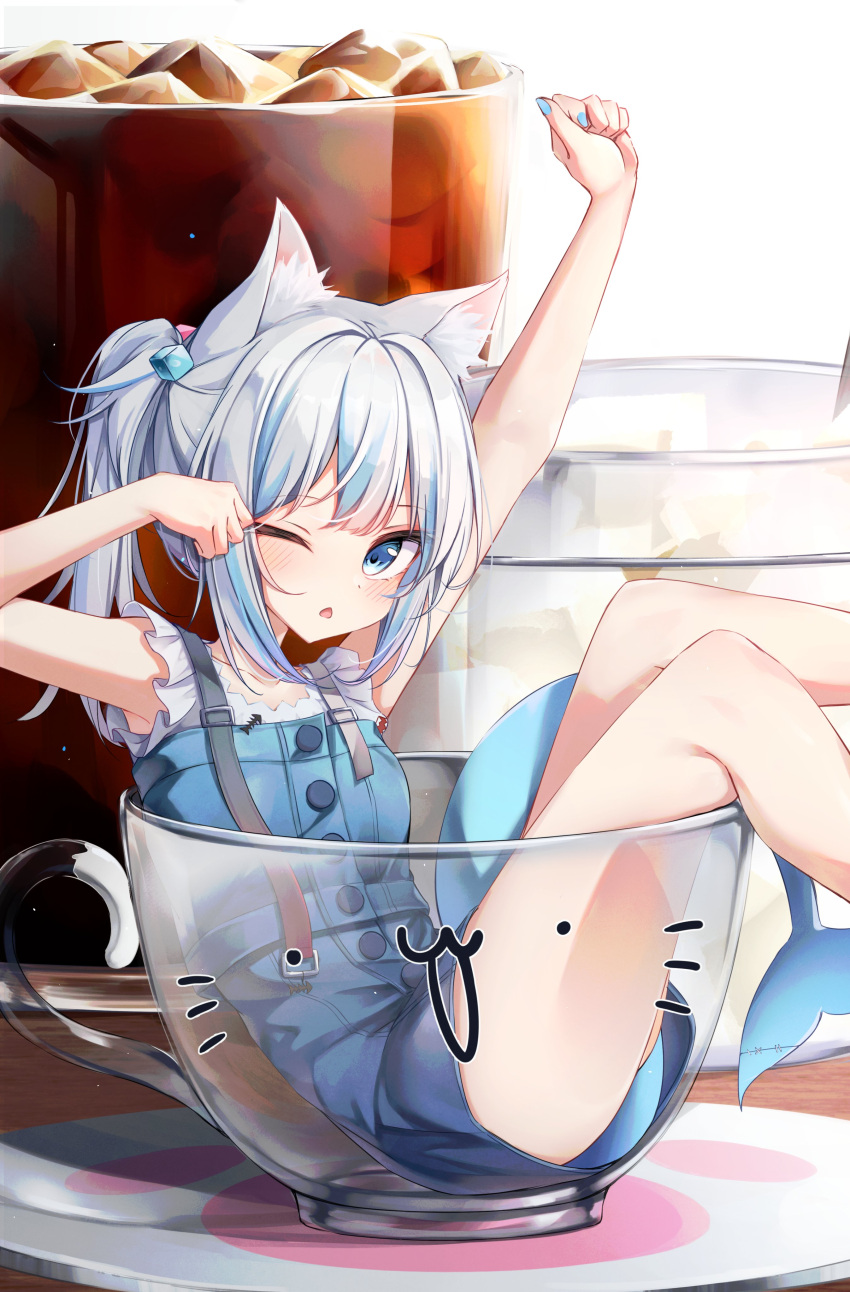 1girl ;o absurdres animal_ear_fluff animal_ears arm_up bangs beliatan blue_dress blue_eyes blue_hair blush cat_ears cup dress feet_out_of_frame fish_tail gawr_gura highres hololive hololive_english in_container in_cup looking_at_viewer multicolored_hair nail_polish official_alternate_costume one_eye_closed rubbing_eyes shark_tail side_ponytail solo streaked_hair tail triangle_mouth virtual_youtuber white_hair