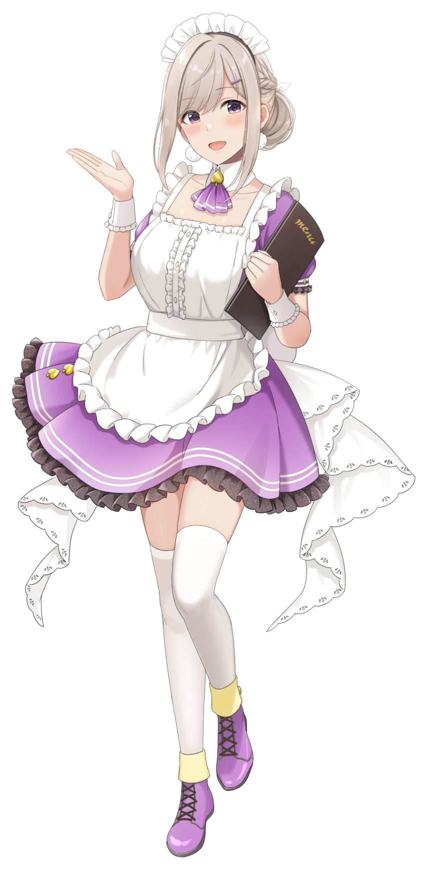 1girl :d absurdres apron azuki_yui blush braid brooch center_frills collarbone cross-laced_footwear detached_collar dress earrings frills grey_hair hair_bun hair_ornament hairclip headdress highres holding holding_menu jewelry looking_at_viewer maid maid_headdress menu open_mouth original purple_brooch purple_dress purple_footwear short_sleeves sidelocks simple_background skindentation smile solo thigh-highs violet_eyes waitress white_apron white_background white_legwear wrist_cuffs
