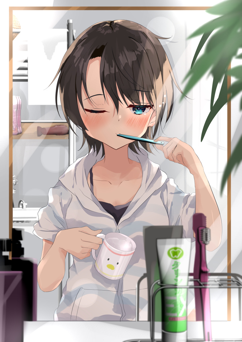 1girl absurdres aqua_eyes azuremo bangs bathroom blush brown_hair brushing_teeth highres holding holding_toothbrush hololive hood hoodie huge_filesize loungewear messy_hair mirror one_eye_closed oozora_subaru reflection short_hair sleepy solo swept_bangs toothbrush upper_body virtual_youtuber