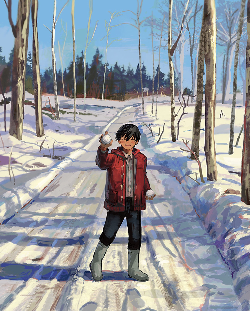1boy ^_^ bangs bare_tree black_hair blue_sky blush chainsaw_man closed_eyes coat day denim facing_viewer footprints forest grey_footwear hayakawa_aki_(chainsaw_man) highres holding jacket jeans long_sleeves nature open_mouth outdoors pants red_jacket road shinamoku00 sky smile snow snowball solo standing tree tree_branch winter_clothes winter_coat