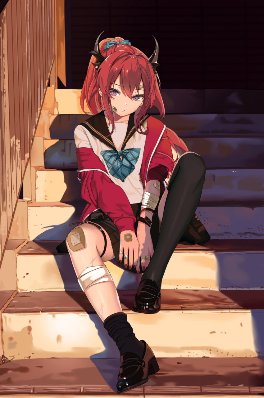1girl absurdres alternate_hairstyle aqua_neckwear arknights asymmetrical_legwear auguste bandaged_arm bandages bandaid bandaid_on_arm bandaid_on_face bandaid_on_forehead bandaid_on_hand bandaid_on_knee between_legs black_legwear chinese_commentary hand_between_legs highres horns jacket nail_polish open_clothes open_jacket ponytail red_jacket red_nails redhead sailor_collar school_uniform shadow shirt shoes single_sock single_thighhigh sitting skirt socks solo stairs stairwell surtr_(arknights) thigh-highs violet_eyes white_shirt