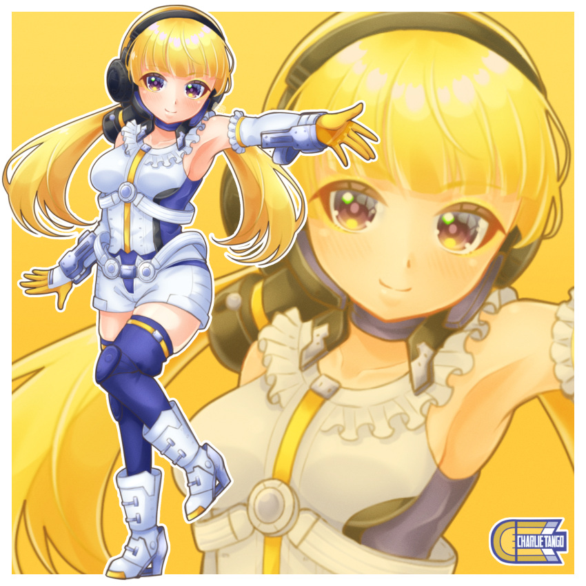 1girl bangs blonde_hair blue_legwear brown_eyes charlotte_(girl_gun_lady) collarbone girl_gun_lady gloves headset highres long_hair open_hand open_hands shirogane_tsubasa shorts skindentation smile solo thigh-highs tokusatsu twintails white_footwear white_shorts yellow_gloves zoom_layer