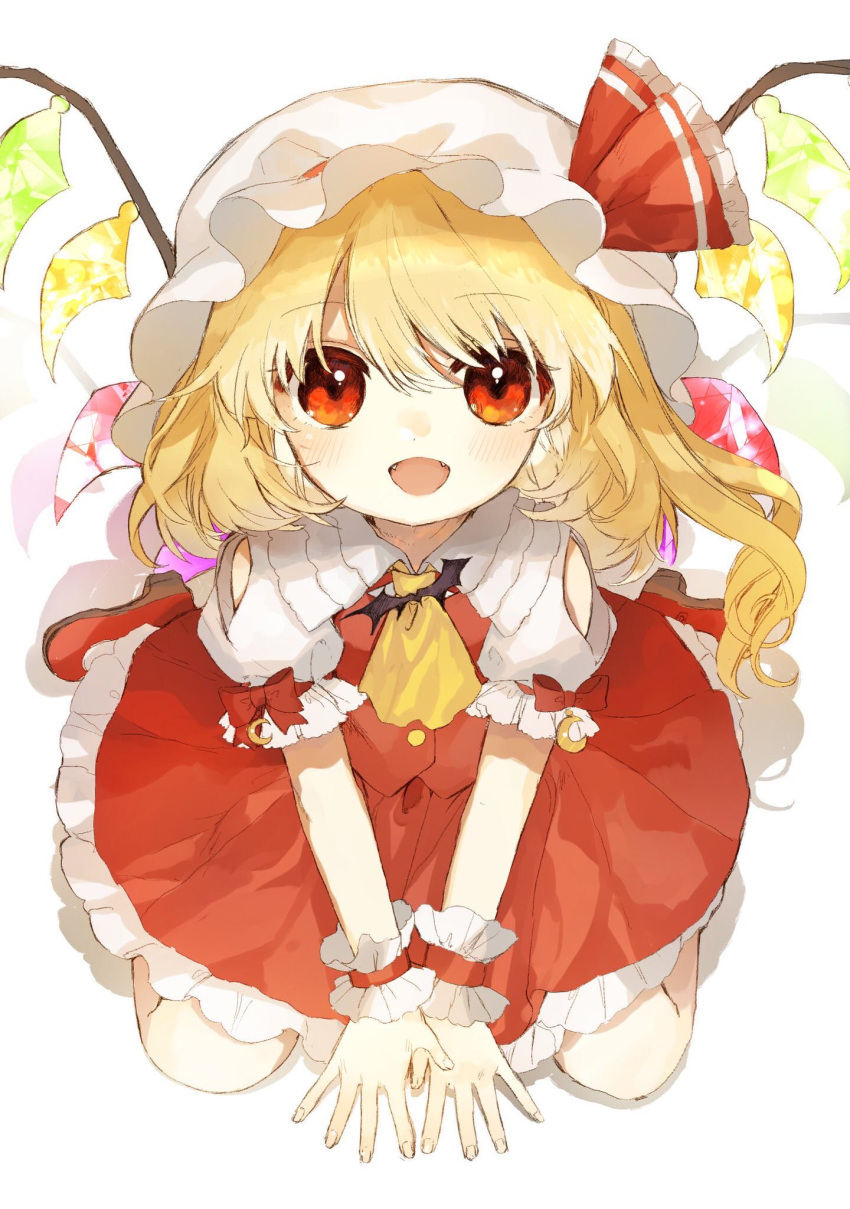 1girl bangs bat blonde_hair bow commentary_request crescent crystal fangs flandre_scarlet from_above hat hat_ribbon highres long_hair looking_at_viewer looking_up mob_cap open_mouth red_bow red_footwear red_ribbon red_skirt red_vest ribbon shirt shoes short_sleeves shoudoku_taishi_(taishi) side_ponytail sitting skirt smile solo touhou vest wariza white_background white_headwear white_shirt wings wrist_cuffs yellow_neckwear