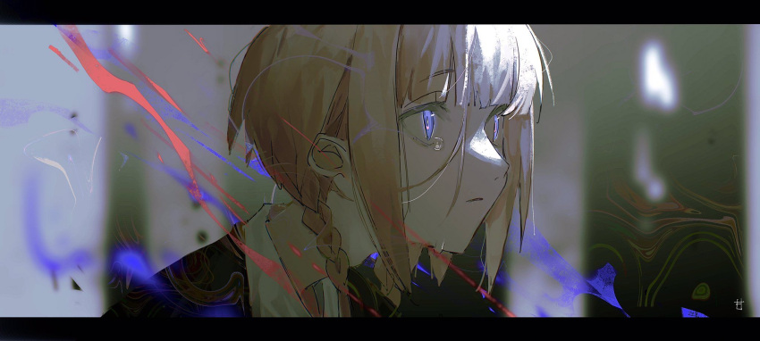 1girl bad_id bad_twitter_id blazer blurry braid close-up collared_shirt crying crying_with_eyes_open depth_of_field expressionless face highres isomu jacket kaf_(kamitsubaki_studio) kamitsubaki_studio letterboxed low_twin_braids multicolored multicolored_eyes parted_lips pink_hair shirt sketch solo tears twin_braids virtual_youtuber