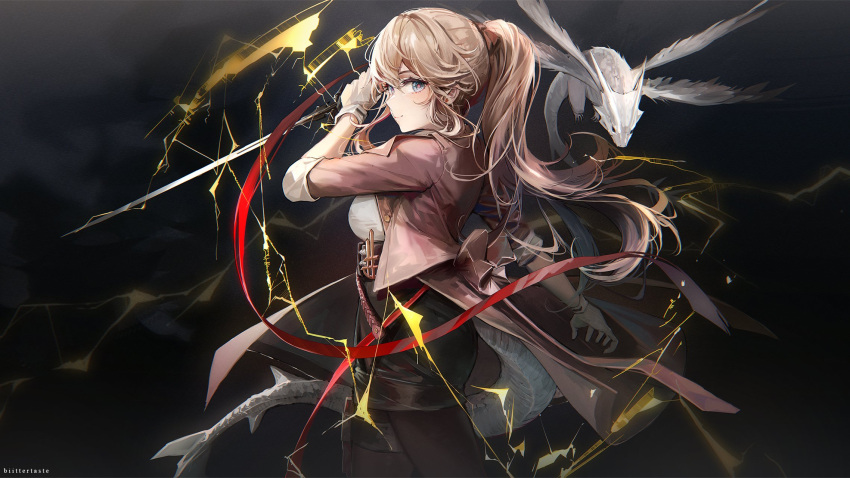 1girl alchemy_stars belt biittertaste blonde_hair blue_eyes brown_jacket closed_mouth dragon dragon_tail electricity gloves highres holding holding_sword holding_weapon jacket long_hair looking_at_viewer miniskirt multiple_wings open_clothes open_jacket pantyhose ponytail reverse_grip skirt solo_focus sword tail thigh_strap vivian_(alchemy_stars) weapon white_gloves white_tail wings