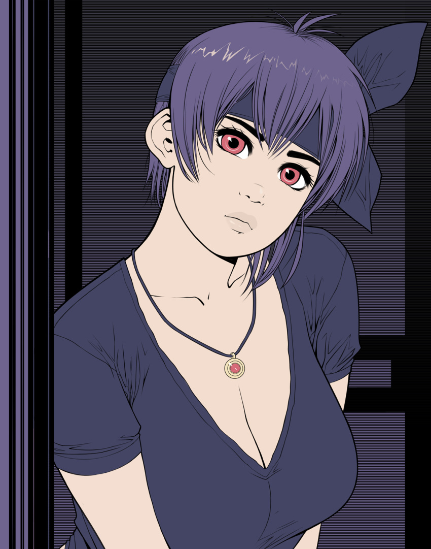ayane_(doa) breasts cleavage clothed dead_or_alive exmile female headband large_breasts looking_at_viewer necklace purple_hair red_eyes short_hair solo t-shirt thick_lips upper_body
