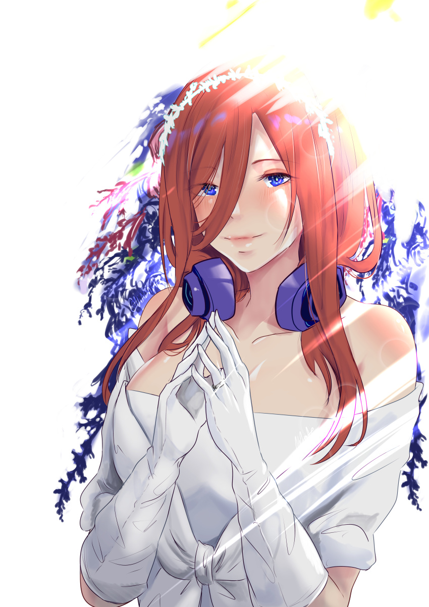 1girl absurdres bare_shoulders blue_hair blush bride collarbone dress english_commentary gloves go-toubun_no_hanayome hair_between_eyes headphones headphones_around_neck highres jewelry long_hair looking_at_viewer nakano_miku redhead ring smile solo upper_body vialnite wedding_band wedding_dress white_dress white_gloves