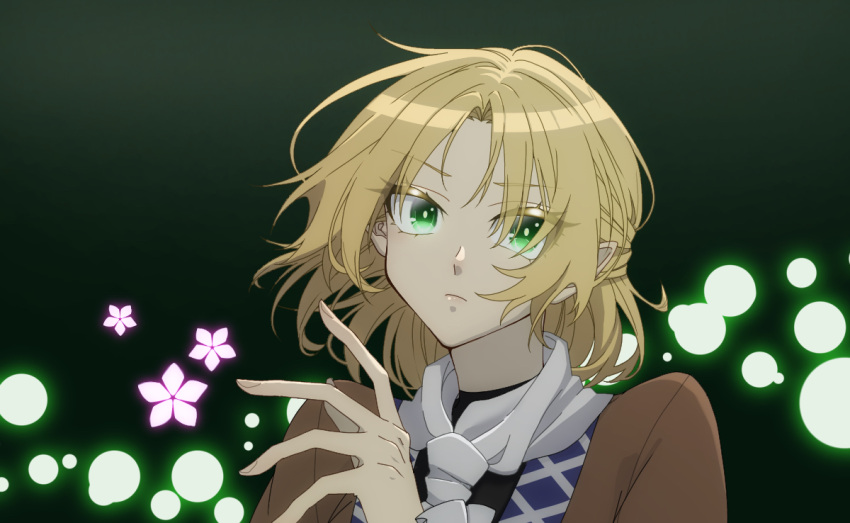 1girl bangs black_shirt blonde_hair brown_jacket closed_mouth commentary_request danmaku eyebrows_visible_through_hair eyes_visible_through_hair green_background green_eyes half_updo ihsayah_hayashi jacket looking_at_viewer mizuhashi_parsee multicolored multicolored_clothes multicolored_jacket parted_bangs pointy_ears scarf shirt short_hair solo touhou upper_body white_scarf