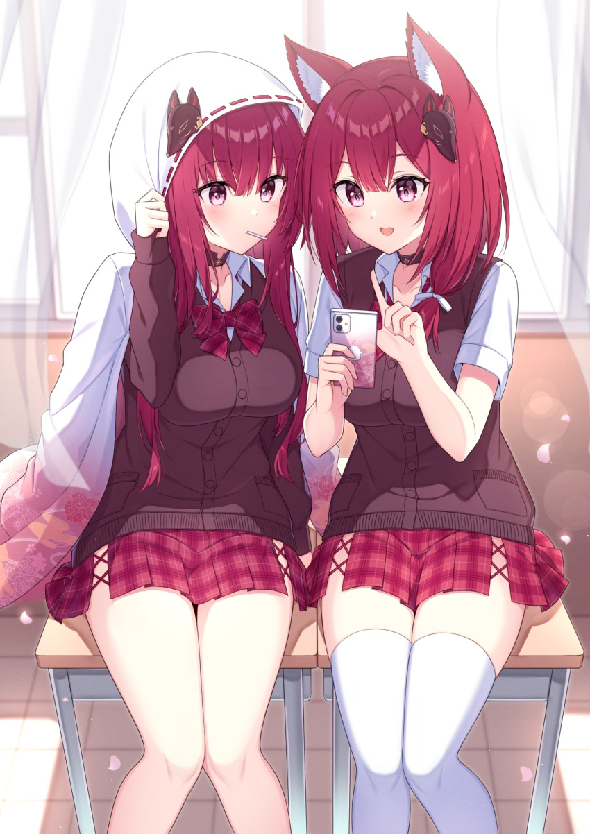 2girls :d animal_ears azur_lane beanie chitose_(azur_lane) chiyoda_(azur_lane) choker eyebrows_visible_through_hair hair_ornament hat hat_ornament phone plaid_skirt red_skirt ribbon seifuku skirt sweater takeg05 thigh-highs thighs white_hat