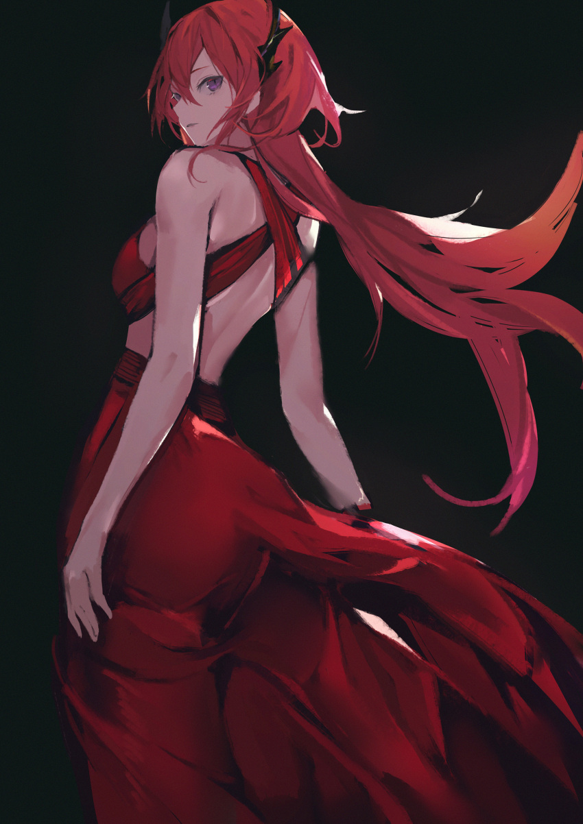 1girl absurdres alternate_costume arknights backless_dress backless_outfit bangs bare_arms bare_back bare_shoulders black_background commentary cowboy_shot demon_horns dress evening_gown fanshu highres horns long_hair looking_at_viewer looking_back parted_lips ponytail red_dress redhead sidelocks simple_background solo surtr_(arknights) violet_eyes