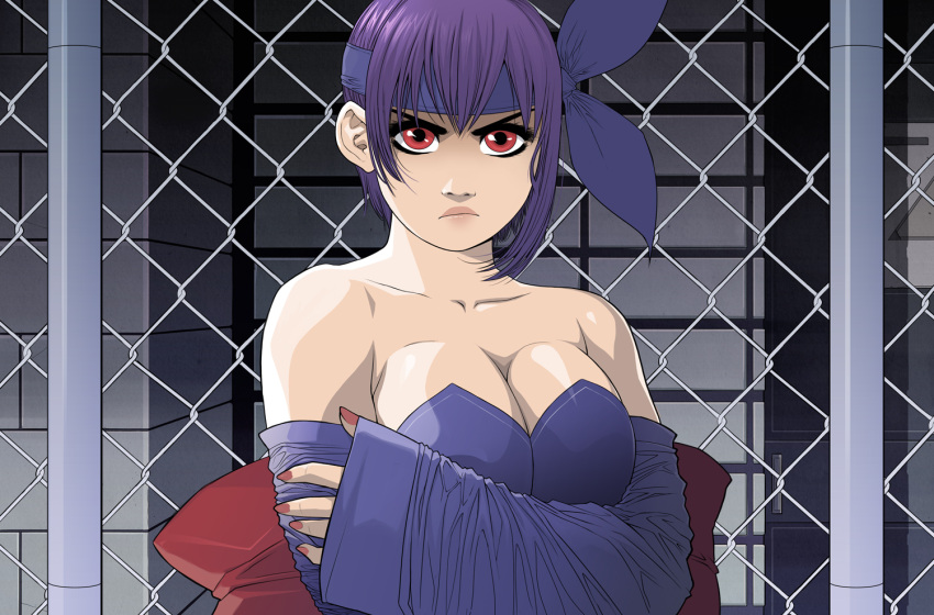 1girl angry ayane ayane_(doa) breasts chain-link_fence cleavage crossed_arms dead_or_alive exmile female frown headband large_breasts purple_hair red_eyes solo upper_body