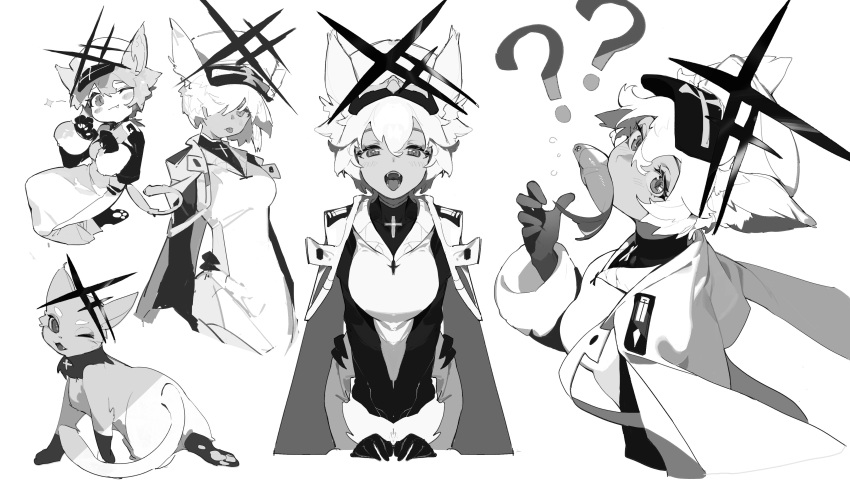 1girl ? ?? absurdres alchemy_stars animal_ears animalization bangs breasts cat cat_ears cat_paws cat_tail coat cross fish fish_in_mouth gloves greyscale hair_over_one_eye hat highres long_coat looking_at_viewer monochrome multiple_persona one_eye_closed open_mouth paw_pose paws philyshy_(alchemy_stars) short_hair tail tongue tongue_out wulifeng