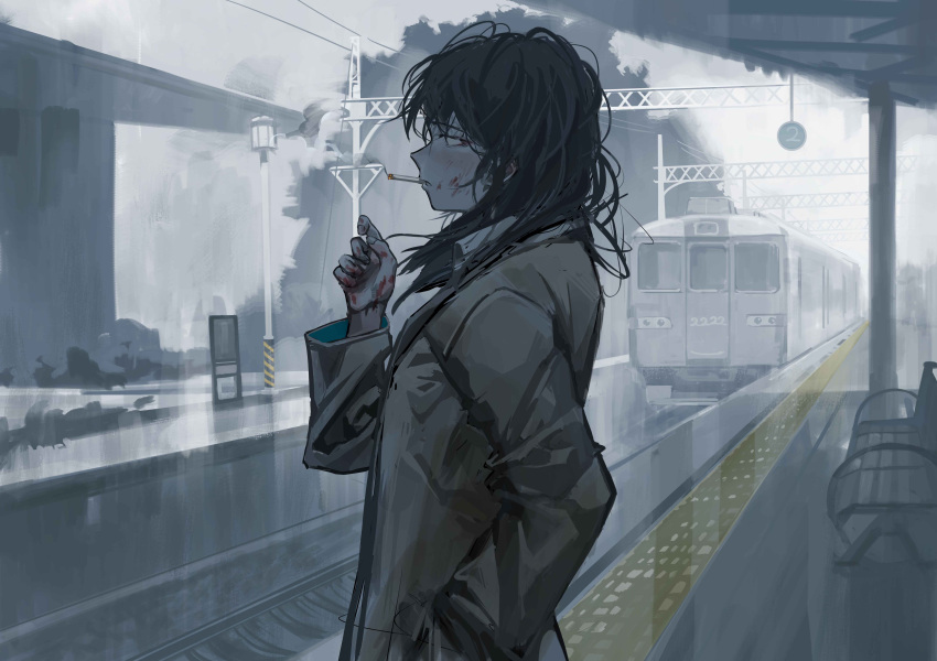 1girl absurdres bench black_hair blood blood_on_face bloody_hands brown_coat cigarette coat commentary english_commentary from_side gaanc_23_(tomosuge) ground_vehicle hand_in_pocket hand_up highres long_hair long_sleeves original power_lines profile railroad_tracks smoking solo train train_station train_station_platform trench_coat